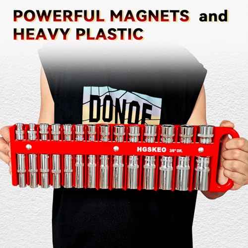 Magnetic Socket Holder Set with Handle, Portable Socket Organizer, Heavy Duty Socket Racks 3/8" Drive Holders Hold 28 standard Sockets for Tool Box (Red, 3/8" Drive)