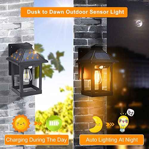 2 Pack Solar Powered Wall Lantern Lights with 3 Lighting Modes, LED Dusk to Dawn Solar Sconce Outdoor Wall Mount, Motion Sensor Front Porch Lights Fixtures Waterproof for Patio Garage