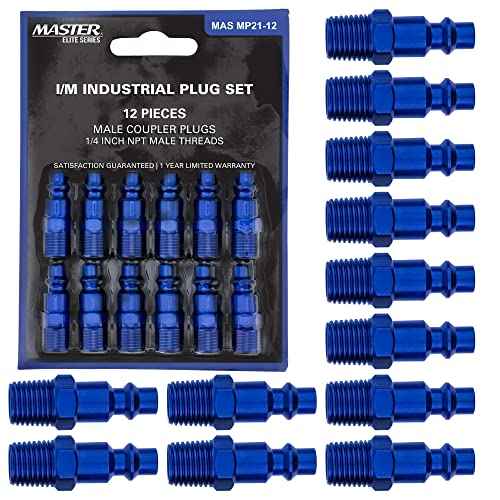 Master Elite Series 12 Piece Industrial I/M Type Plug Air Fittings Set with 1/4" NPT Male Threads - Attach to Quick-Connect Couplers, Hoses, Compressors, Pneumatic Air Tools, Spray Guns, Sanders