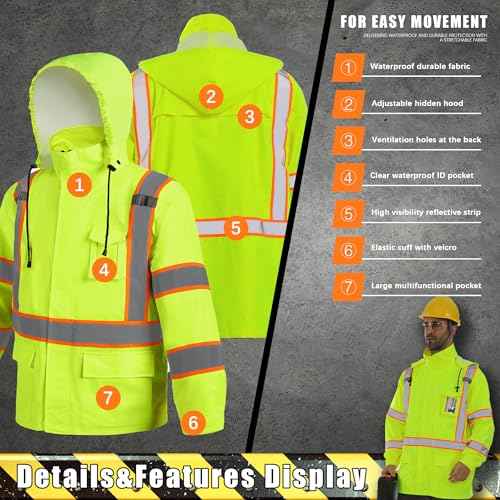 Men's Hi Vis Rain Jacket & Safety Rain Coat Waterproof Lightweight with Hood, Class 3 Reflective Adult Yellow Work Rain Jacket (L/XL)
