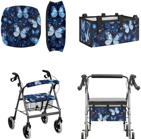 LedBack Blue Butterflies Mobility Scooter Accessories Sets for Seniors Walker Rollator Seat Cushion Back Cover Underseat Pouch Tote for Rolling Walkers