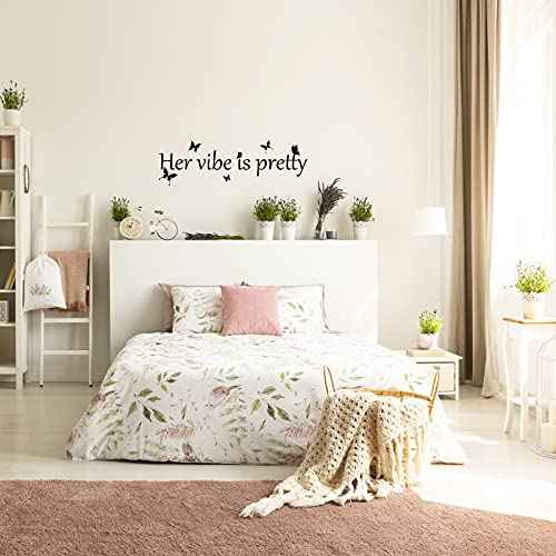 Her Vibe is Pretty Wall Decal Decor Vivid Butterflies Wall Sticker Inspirational Quotes Positive Wall Decal Sticker for Women Office 31.5 x 9.4 Inch (Simple Style,Black)