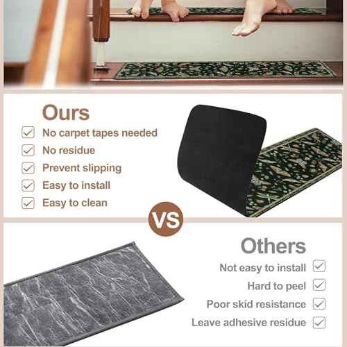 OJIA Insect Print Stair Treads Non Slip Stair Runners for Wooden Steps Indoor, 15PCS 8"x30" Rubber Backing Carpet Treads for Wood Stairs Staircase Step Treads for Kids & Dogs, Stair Covers, Black