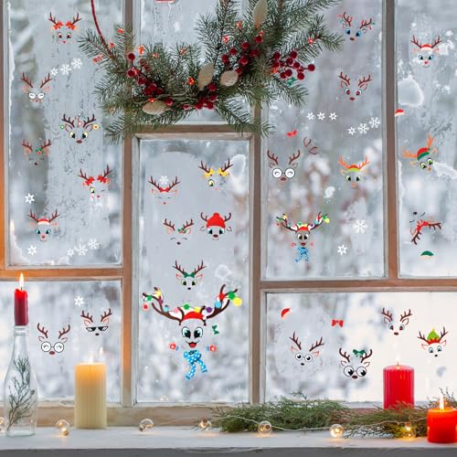Christmas Reindeer Face Stickers for Crafts, 52 Pcs Christmas Vinyl Reindeer Face Decals for Wall Window Cling DIY Art Door Refrigerator Ornaments Glass Cup Water Bottles Christmas's Party Decorations