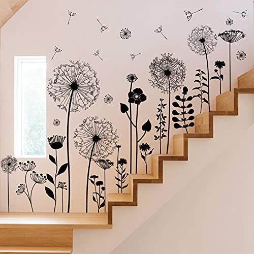 Large Dandelion Wall Stickers, Attractive Flying Flowers Wall Decals, Removable Plants Wall D?cor, DIY Art Mural Vinyl for Bedroom Living Room Sofa Backdrop Classroom Decoration (Black)