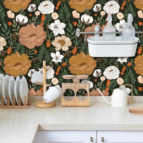 WENMER Floral Peel and Stick Wallpaper - Green White Boho Daisy Peony Contact Paper - Vintage Self Adhesive Removable Wallpaper for Bedroom Bathroom Cabinet - 17.7" x 118"