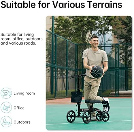 ELENKER Best Value Knee Walker with 10" Front Wheels Steerable Medical Scooter Crutch Alternative with Dual Braking System Black