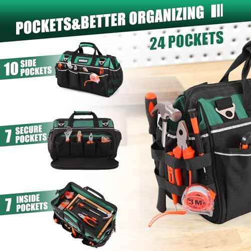 Heavy Duty Tool Bag 17.13 In, 24-Pocket Portable Tool Bag Organizer, Wide Opening & Large Capacity Tool Bags for Men, Applicable to Electrician,HVAC technicians,Christmas Gifts Men(By ?WMEEII)