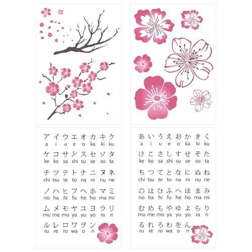 4 PCS Japanese Hiragana Katakana Alphabet Stencil Flower Stencil Set,Sakura Stencil Film for Bullet journaling,Wood Carving, Drawings,Woodburning, Engraving and Scrapbooking Project A4 Size