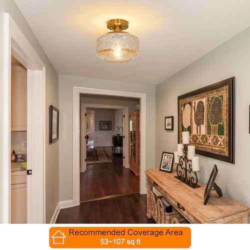 Semi Flush Mount Ceiling Light, Vintage Small Ceiling Light Fixture, Thickened Glass Hallway Lighting Fixture, Brass Kitchen Ceiling Mount Lighting with Amber Glass for Bedroom, Bathroom, Porch