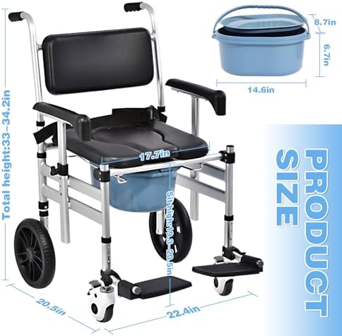 Shower Chair with Wheels 4 in 1 Folding Padded Bedside Commode Wheelchair Height Adjustable Detachable Bucket with Wheels Lifting Armrests Flip-up Footrest for Elderly Disabled (Black Tape and Sheet)