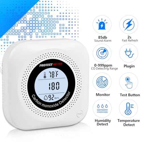 Carbon Monoxide Detectors,2 Pack 3in1 Portable Carbon Monoxide detectors Plug in Wall for Travel, CO Alarm/Monitor for Home/Hotel Room/RV with AC Socket with Temperature & Humidity Detectors