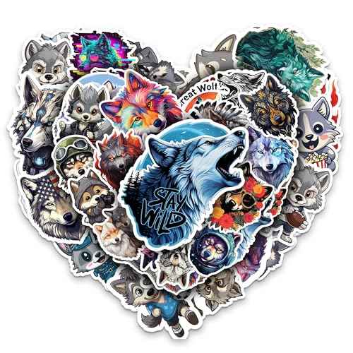 Wolf Stickers 50 Pieces Vinyl Waterproof Decal for Laptop Water Bottle Phone Car Window Bike Motorcycle Stakeboard Scrapbook Wolves Sticker Gifts for Kid Teen Adult