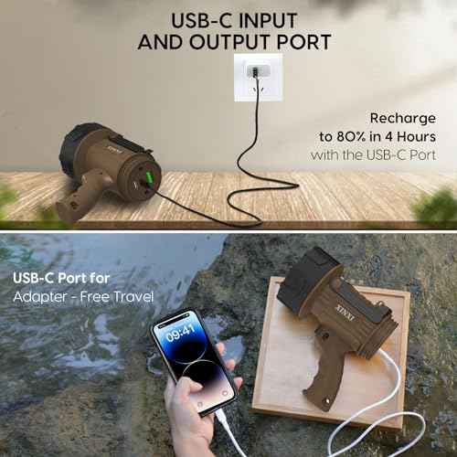 XINXI Rechargeable Spotlight Flashlight with 1000000 Lumens, IP67 Waterproof Handheld Flashlight with red Filter,Long Running Time and 4 Light Modes for Hiking, Fishing,Hunting(Brown)