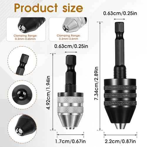 2 PCS Keyless Drill Chuck for Impact Driver, 1/4 Inch Hex Shank Drill Chuck Fast Change Converter Extension Drills Bit Adapter Keyless Chucks, Chucks Conversion Adapter in 0.3-6.5mm, 0.3-3.6mm
