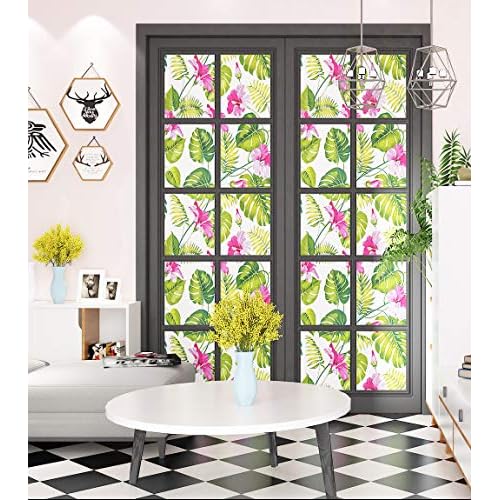 LACHEERY Tropical Palm Leaf Peel and Stick Wallpaper 17.7" x 6.8ft Removable White Green Pink Contact Paper Decorative Self Adhesive Floral Wallpaper for Bedroom Walls Shelf Drawer Liner Nightstand