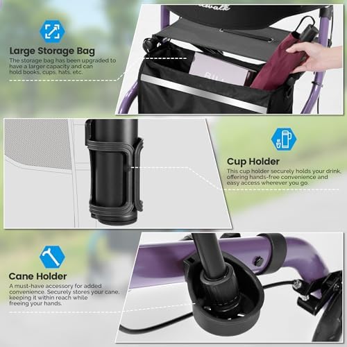 Super Lightweight Rollator Walker for Seniors, Foldable Rolling Walker with Seat and 8" Rubber Wheels for All Terrain, Upgraded Height Adjustment Button with Cup Holder, Purple
