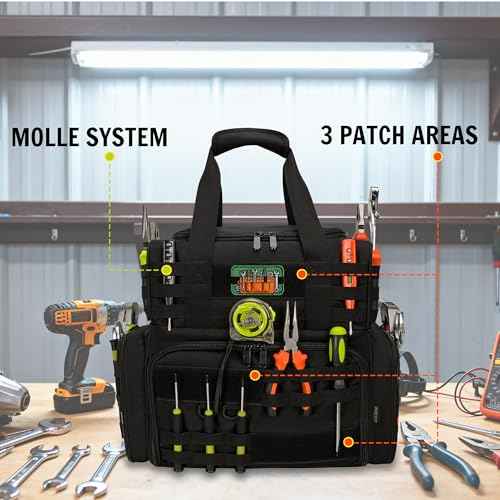 Tactical Tool Bag with 3 Inner Pouches, Portable Handheld and Shoulder Sling Tool Tote Organizer with MOLLE System, Large Capacity for Electricians, Technicians, Repairman, HVAC Techs, Black