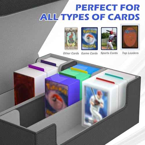 Card Storage Box 3000+ MTG Deck Box with Game Mat and 8 Divider Tabs, 3 Row Commander Trading Card Cases with Dice Tray, Commander Deck Case for TCG, CCG, YuGiOh and Sport Card (Black & Grey)