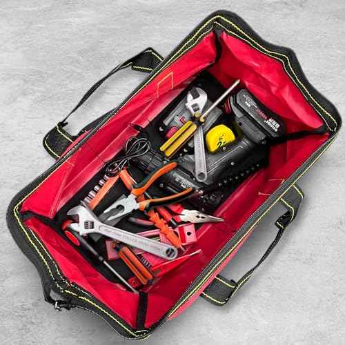 3 Pack Tool Bag with Waterproof Strong Hard Base, Large Organizer Heavy Duty Tool Bag Multi Pockets Wide Mouth Tool Tote for Various Tools (Multicolor,16 Inch)