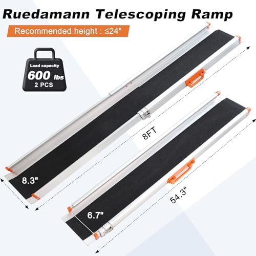 Ruedamann Portable Wheelchair Ramp, 8FT Adjustable Aluminum Ramp for Home, 600lbs Capacity,Telescoping Non-Skid Surface Wheel Chair Ramp for Home, Stairs, Steps