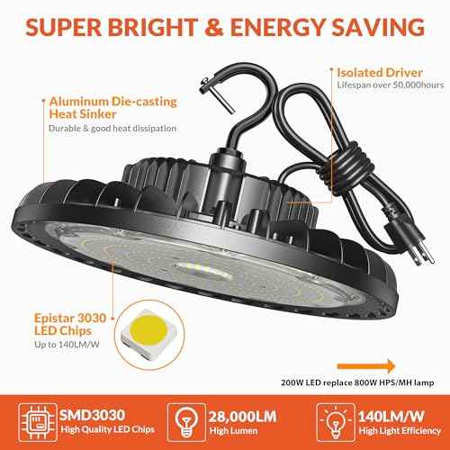 200W LED High Bay Light, 28000LM 110-277V 5000K Shop Garage Light with US Plug 5' Cable IP65 Waterproof UFO Commercial Lighting for Warehouse Barn Garage Workshop Factory Gym, 2 Pack