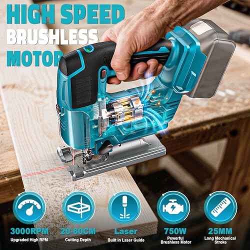Jig Saw Compatible with Makita 18V Battery, Laser Guide Cordless Jigsaw Tool, Brushless Motor, Variable Speed, 45¡Æ Bevel Angle Cut, LED Light, 3 Orbital Sets, 6PCS Blades (No Battery)