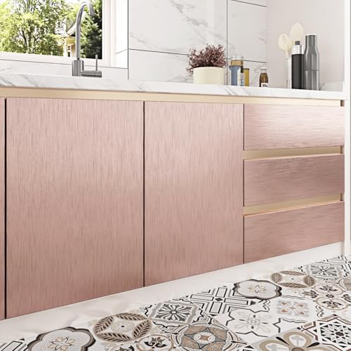 Rose Gold Stainless Steel Contact Paper for Kitchen Pink Metallic Wallpaper Waterproof Brushed Metallic Wall Paper Textured for Kitchen Backsplash Cabinets Countertops Fridge Appliances