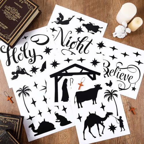 Chinco Large Christmas Nativity Scene Wall Decor Stickers Nativity Vinyl Wall Decal Christmas Decorations Religious Wall Murals Modern for Xmas Room Decor, Black (O Holy Night)