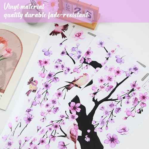 Lilac Wall Decoration Large Cherry Blossom Tree Wall Stickers,4 Sheets Spring Purple Flower Bird Wall Decals Peel and Stick Wall Murals Decor for Living Room Bedroom (Purple, 11.8 * 35.4inch)