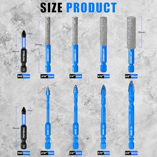 Diamond Drill Bits Set for Ceramic, Porcelain, Glass, Marble, Tile, Granite, Stone and More - 10pcs Tile Drill Bits for Efficient, Precise Drilling and Milling