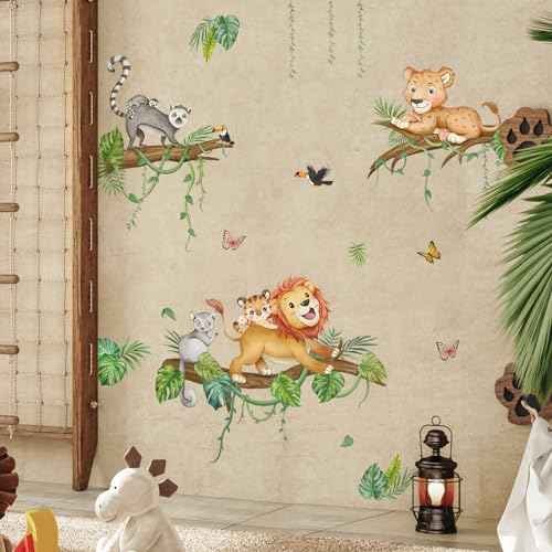 Tanlaby Jungle Animals Wall Decals Forest Lion on Tree Branches Wall Stickers Peel and Stick Cartoon Art Decor for Baby Nursery Kids Bedroom Playroom Daycare Classroom