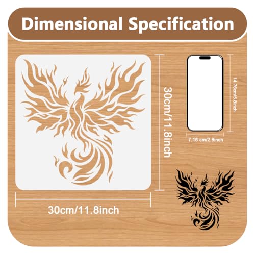 Fire Phoenix Bird Stencil for Painting, 11.8"x11.8" Plastic Winged Phoenix Stencil Drawing Template,DIY Craft Paint Template for Wall Home Decor Wood Burning Card Canvas Fabric Journal Paper