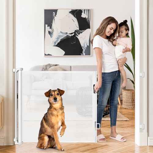 Retractable Baby Gates 55" Wide Retractable Dog Gate Indoor Mesh Baby Gate Retractable Gate Outdoor Dog Gate for Deck, Safety Gate Keeps Kids & Pets Contained, Stair Gate/Doorway Gate/Porch Gate/White
