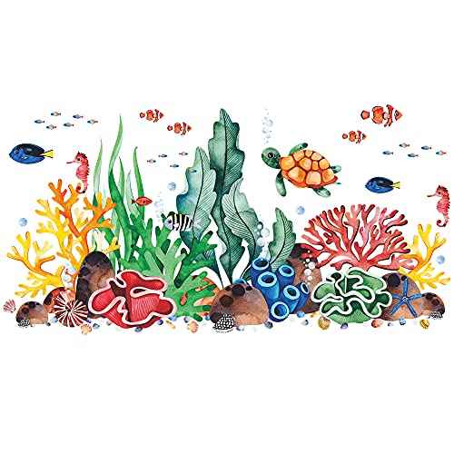 LiveGallery Coral Seaweed Wall Sticker Ocean Life Wall Decals Shell Conch Hippocampus Sea Turtle Tropical Fish Marine Plants Wall Decorations for Kids Bedroom Living Room Nursery Office