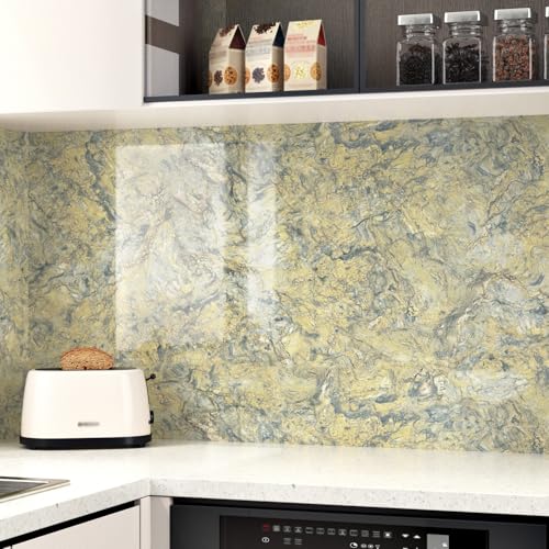 WESTICK Glossy Gold Marble Contact Paper for Countertops 15.8"x80" Yellow Marble Vinyl Wallpaper Peel and Stick Waterproof Granite Countertop Contact Paper for Tables Dresser Bathroom Sink Cabinets