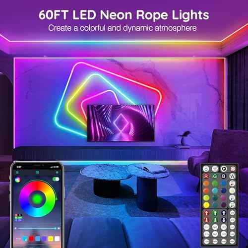 AILBTON 60Ft Neon Rope Lights,Flexible Led Rope Lights Control with App/Remote,Multiple Modes Rope Lights,IP65 Outdoor RGB Led Neons Lights,Music Sync Gaming Led Neon Light Strip for Bedroom Decor