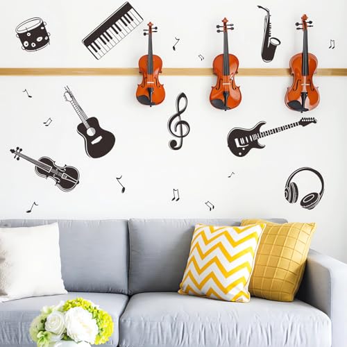 Black-White Musical Instrument Wall Stickers Wall Stickers, sacinora Guitar Violin Cello Saxophone Musical Note Music Wall Decals Removable Vinyl Peel and Stick for Classroom Music Studio Home Decor