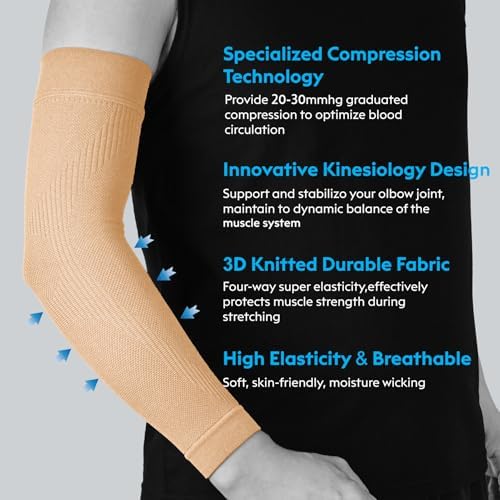 KEKING® Compression Arm Sleeves, Firm 20-30mmHg Graduated Compression Full Arm Support for Recovery, Pain Relief, Tendonitis, Golfers & Tennis Elbow Brace, Workouts Sports - Latex Free Beige S