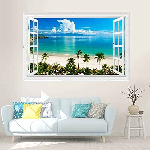 Kiddale Fake Windows Wall Sticker, Removable 3D Beach Seascape Faux Windows Wall Decals for Bedroom Living Room Decoration,27.5"x18"