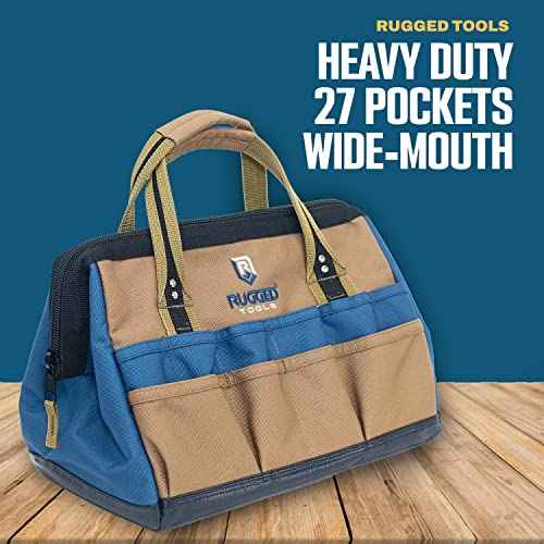 Rugged Tools Field 14" Wide-Mouth Tool Bag - Soft Sided Canvas Tool Bag For Plumbers, Electricians, Carpenters, and Handymen
