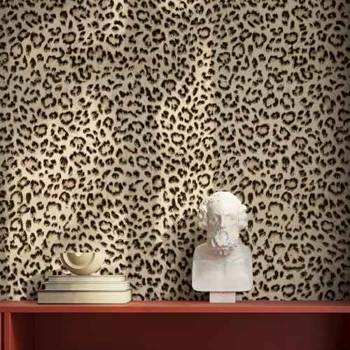 Simon&Siff Leopard Peel and Stick Wallpaper 17.3"x60" Black/Brown Vintage Animal Removable Wallpaper Renter Friendly Waterproof Modern Contact Paper for Bedroom Bathroom Cabinet