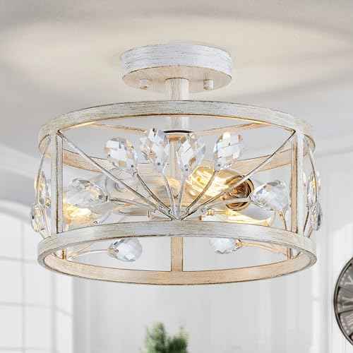 WUZUPS Crystal Leaf Chandelier 3-Light Vintage Farmhouse Industrial Semi-Flush Mount Ceiling Light Lighting Fixture for Foyer Hallway Storage Room Kitchen Bathroom, H 8.5" W 12", Antique White