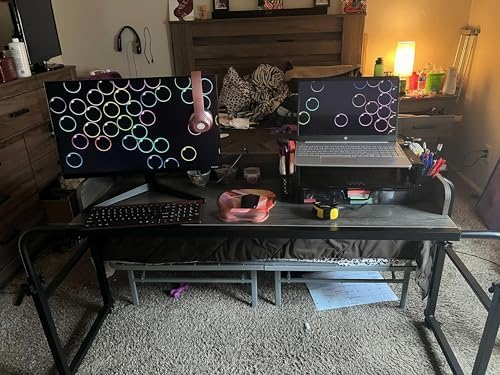 Overbed Table with 360° Wheels, Queen Size Mobile Bed Desk, Recliner Table Over Bed Table Adjustable Height and Length Overbed Table with Heavy Duty Metal Leg for Hospital and Home use