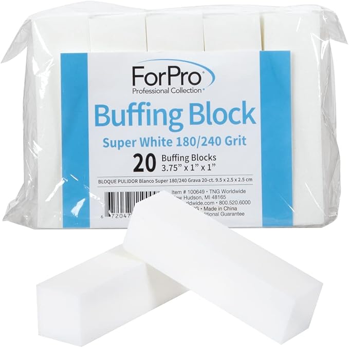 ForPro Professional Collection Buffing Block, Super White, 180/240 Grit, Four-Sided Manicure and Pedicure Nail Buffer, 3.75" L x 1" W x 1" H, 20-Count