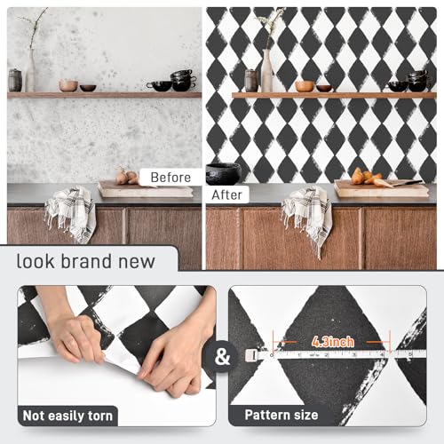 Rugreat Modern Peel and Stick Wallpaper Black and White Geometric Contact Paper for Cabinet Self Adhesive Removable Wallpaper for Bedroom Bathroom Waterproof Black Contact Paper Rhombus 78.8inL17.3inW