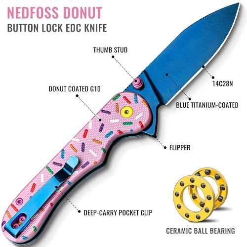 NedFoss DONUT Pink Pocket Knife for Women Men, 2.9" Blade Small EDC Knife, 14C28N Steel Button Lock Knife, Unique Donut Design G10 Handle Folding Knives