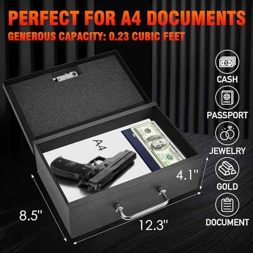 TOTOY Portable Fireproof Document Box with 3-digit Combination Lock, Safe Box for Valuables, Hand Held Storage Lock Box for Documents, Passport, Cash, Tablet