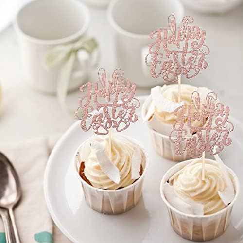 24 Pack Happy Easter Cupcake Toppers with Gold Glitter Rabbit Ear Cupcake Food Picks Bunny Paw Cake Decorations for Happy Easter Themed Baby Shower Kids Birthday Party Supplies Rose Gold
