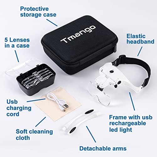 Magnifying Glasses with Light for Close Work, Storage Case | Rechargeable and Hands Free Headband Magnifier, Optivisor for Jewelers, Eyelash, Watch Repair or Cross Stitch